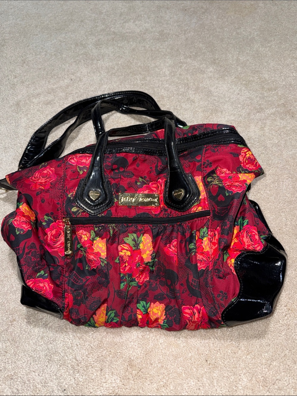 Betsey Johnson Red Floral Tote with Black Patent Trim